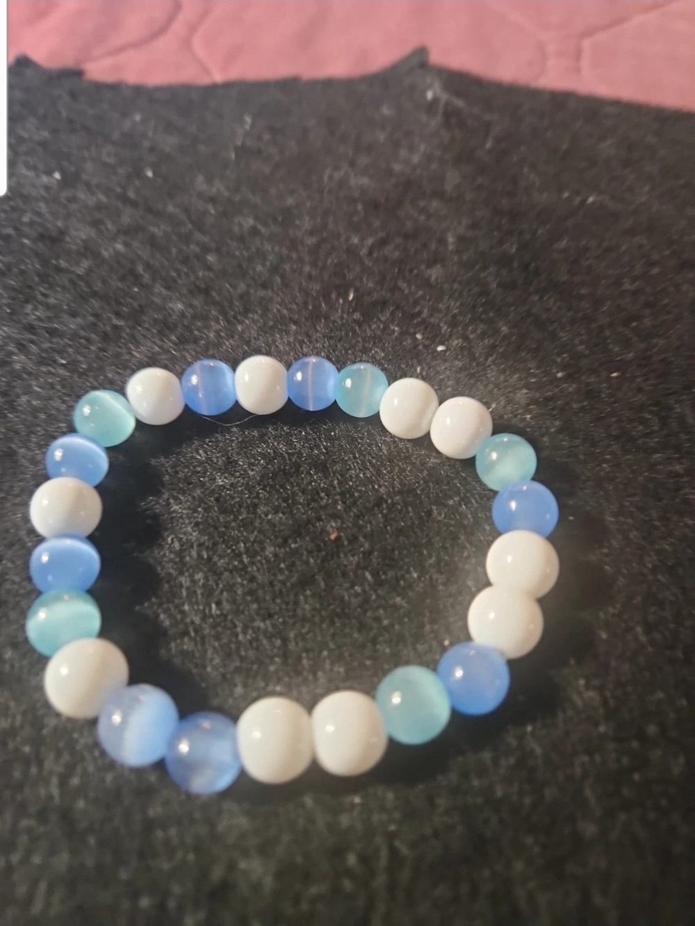 Hand Crafted Blue, Light Blue & White Beaded Stretch Bracelet